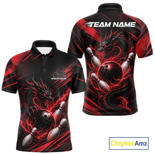Front and back views of a custom short-sleeve polo shirt featuring a black and red bowling-themed dragon graphic with bowling balls and pins. The shirt includes customizable text placeholders 'YOUR NAME' and 'TEAM NAME' on the chest and back, shown on a white background with a 'ChipteeAmz' logo in the bottom right corner.