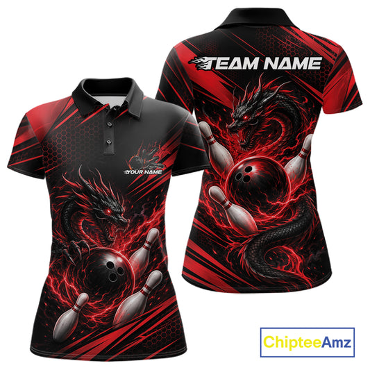 Front and back views of a custom short-sleeve polo shirt featuring a black and red dragon design wrapping around bowling balls and pins