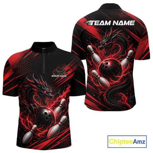 A short-sleeve bowling-themed quarter zip shirt shown from both front and back on a white background. The design is predominantly black with vivid red lightning effects and a large black dragon wrapping around a bowling ball and pins.