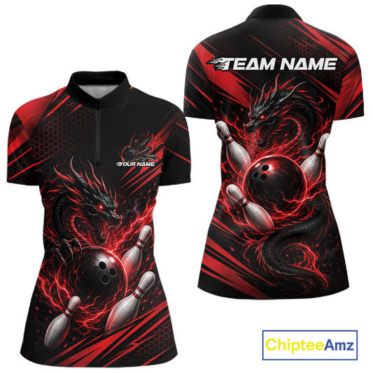 Custom short-sleeve bowling polo shirt shown from the front and back on a white background. The design features a black base with red and gray dragon, bowling balls, and pins, with customizable text placeholders 'TEAM NAME' and 'YOUR NAME'.