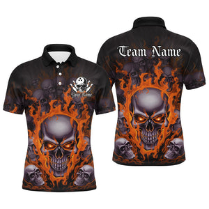 Custom Orange Flame Skull Bowling Shirts For Men, Halloween Bowling Team Outfits Uniform IPHW7388