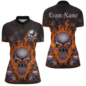 Custom Orange Flame Skull Bowling Shirts For Women, Halloween Bowling Team Outfits Uniform IPHW7388