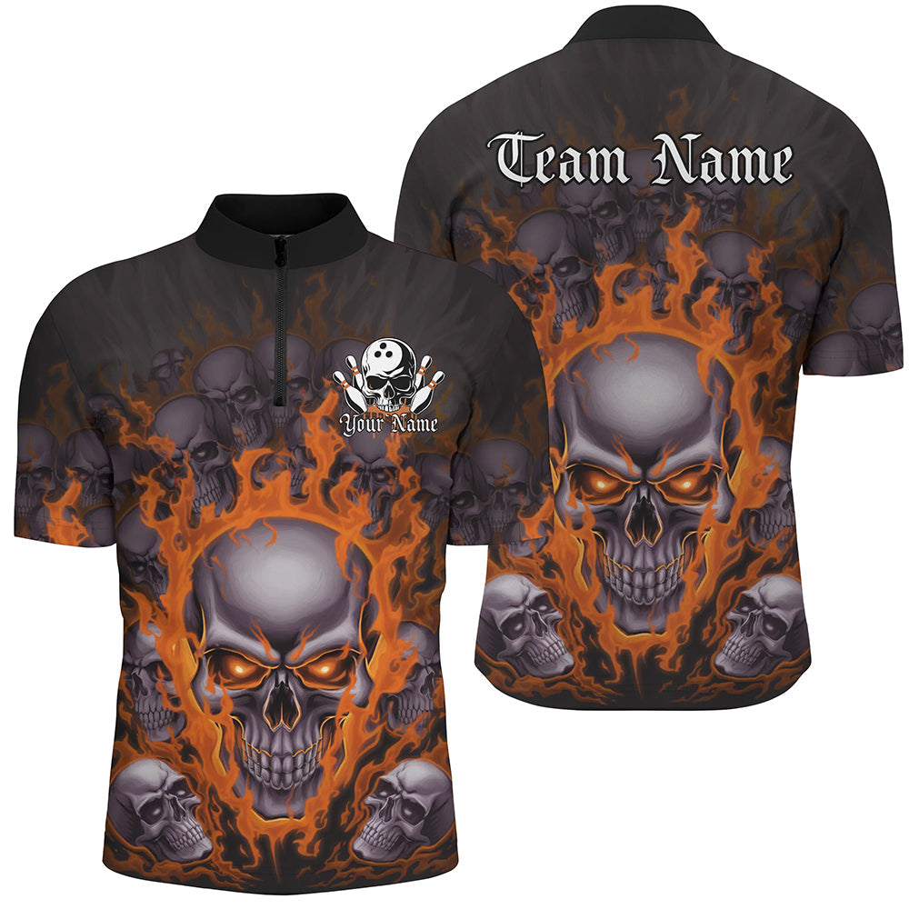 Custom Orange Flame Skull Bowling Shirts For Men, Halloween Bowling Team Outfits Uniform IPHW7388