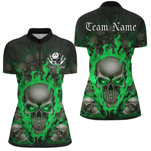 Custom Green Flame Skull Bowling Shirts For Women, Halloween Bowling Team Outfits Uniform IPHW7389