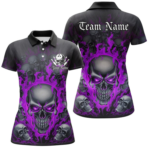 Custom Purple Flame Skull Bowling Shirts For Women, Halloween Bowling Team Outfits Uniform IPHW7390