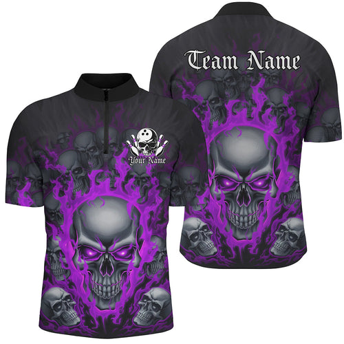 Custom Purple Flame Skull Bowling Shirts For Men, Halloween Bowling Team Outfits Uniform IPHW7390