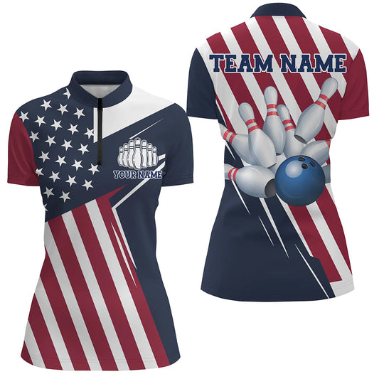 Custom Patriotic Bowling Shirts For Women, US Bowling Team Shirts American Flag Shirt IPHW7394