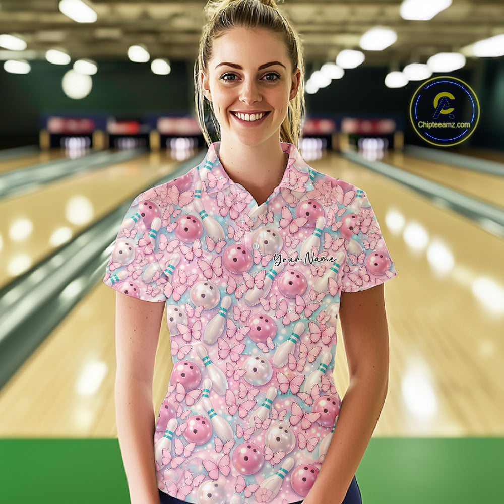 Custom Pastel Blue And Pink Butterfly Bowling Women Polo Shirt, Ladies Outfit IPHW10930