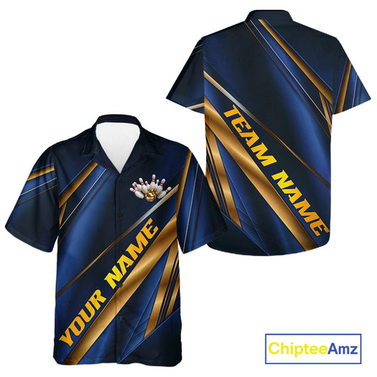Custom Blue And Gold Stripes Men And Women Bowling Hawaiian Shirt, Golden Bowling Team Jerseys IPHW11610