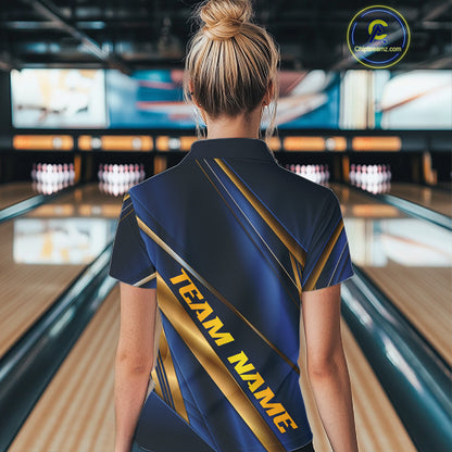Custom Blue And Gold Stripes Women Bowling Polo Shirt, Golden Bowling Team Jerseys IPHW11610