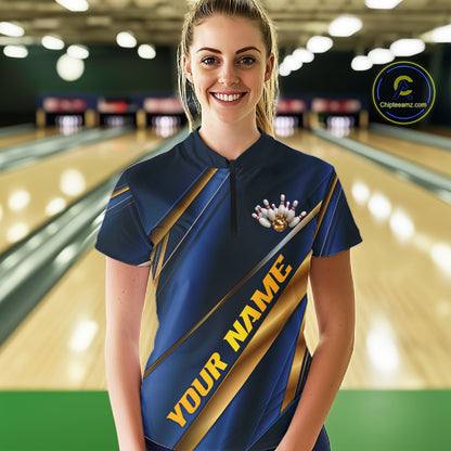 Custom Blue And Gold Stripes Women Bowling Quarter-Zip Shirt, Golden Bowling Team Jersey IPHW11610