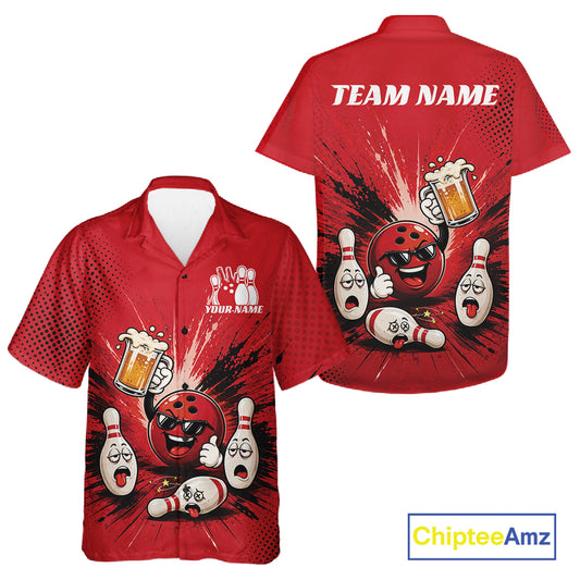 Red short-sleeve button-up bowling-themed shirt shown from both front and back on a white background. The front and back feature cartoon bowling balls, bowling pins, beer mugs, and customizable text areas reading TEAM NAME and YOUR NAME.