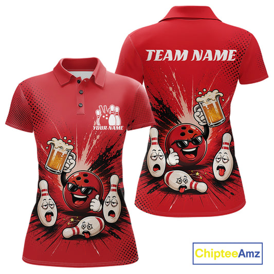 Red womens short-sleeve polo shirt shown from the front and back, featuring a bowling-themed cartoon graphic with bowling balls, pins, beer mugs, and customizable text areas reading TEAM NAME and YOUR NAME. 