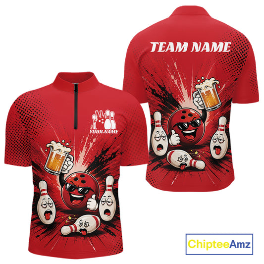 Red short-sleeve quarter-zip bowling-themed team shirt shown from front and back on a white background. The front has a black zipper, white bowling pins, a red bowling ball character, and foam mug graphics with placeholder text 'YOUR NAME' and 'TEAM NAME' on the back.
