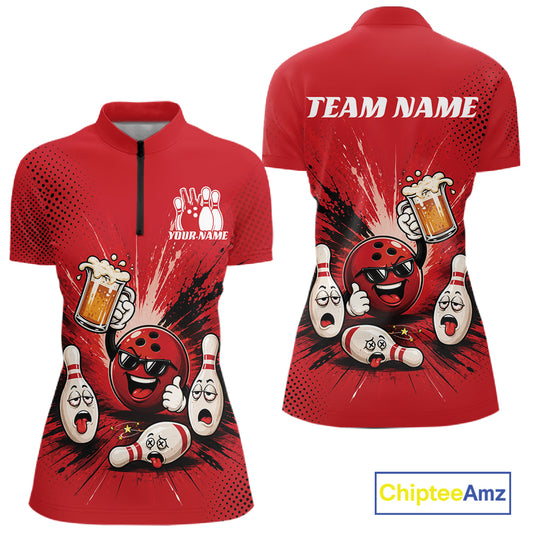 Red short-sleeve quarter zip shirt shown from front and back, featuring a bowling-themed cartoon graphic with bowling balls, pins, beer mugs, and customizable text areas reading TEAM NAME and YOUR NAME. A ChipteeAmz logo appears in the bottom right corner.