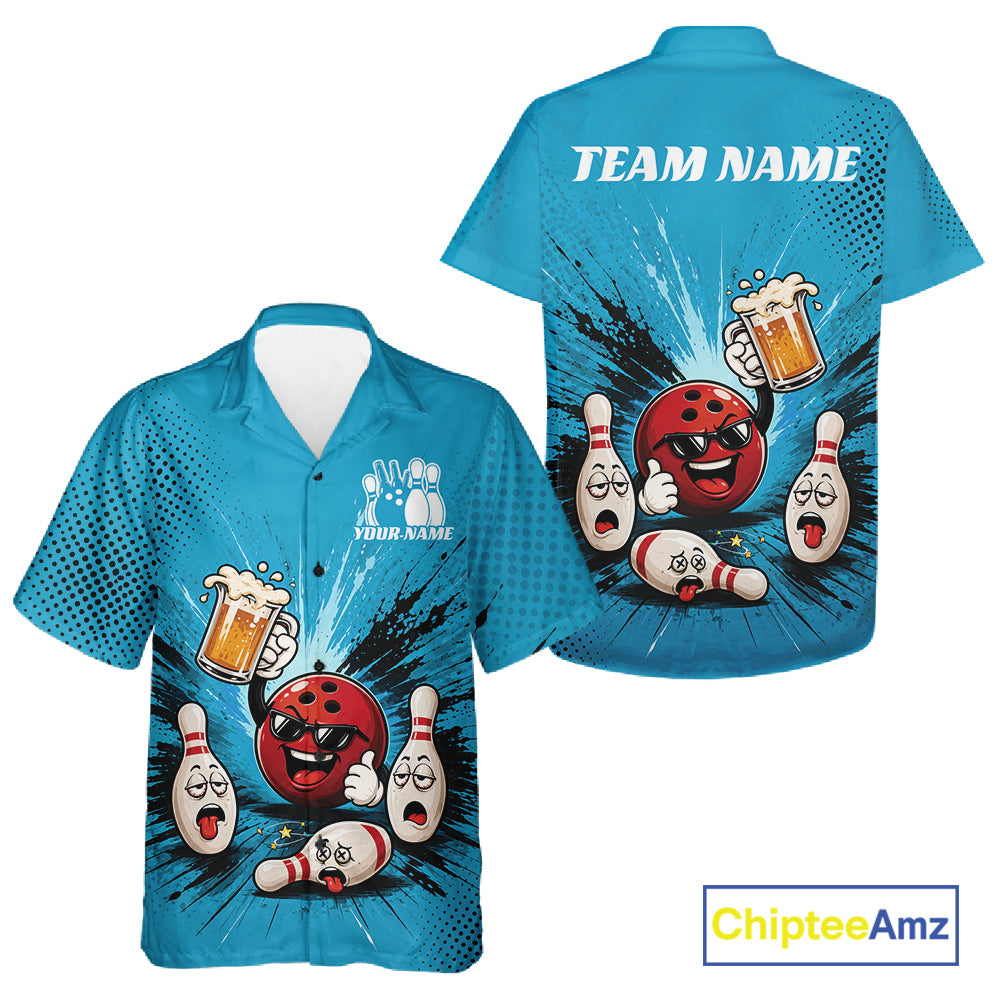 Custom Funny Beer Pitcher Bowling Men And Women Button Up Shirt, Blue Bowling Party Shirt IPHW11854