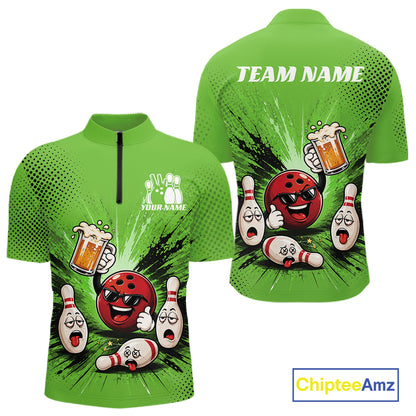 Custom Funny Beer Pitcher Bowling Men Quarter Zip Shirt, Green Bowling Party Shirt IPHW11855