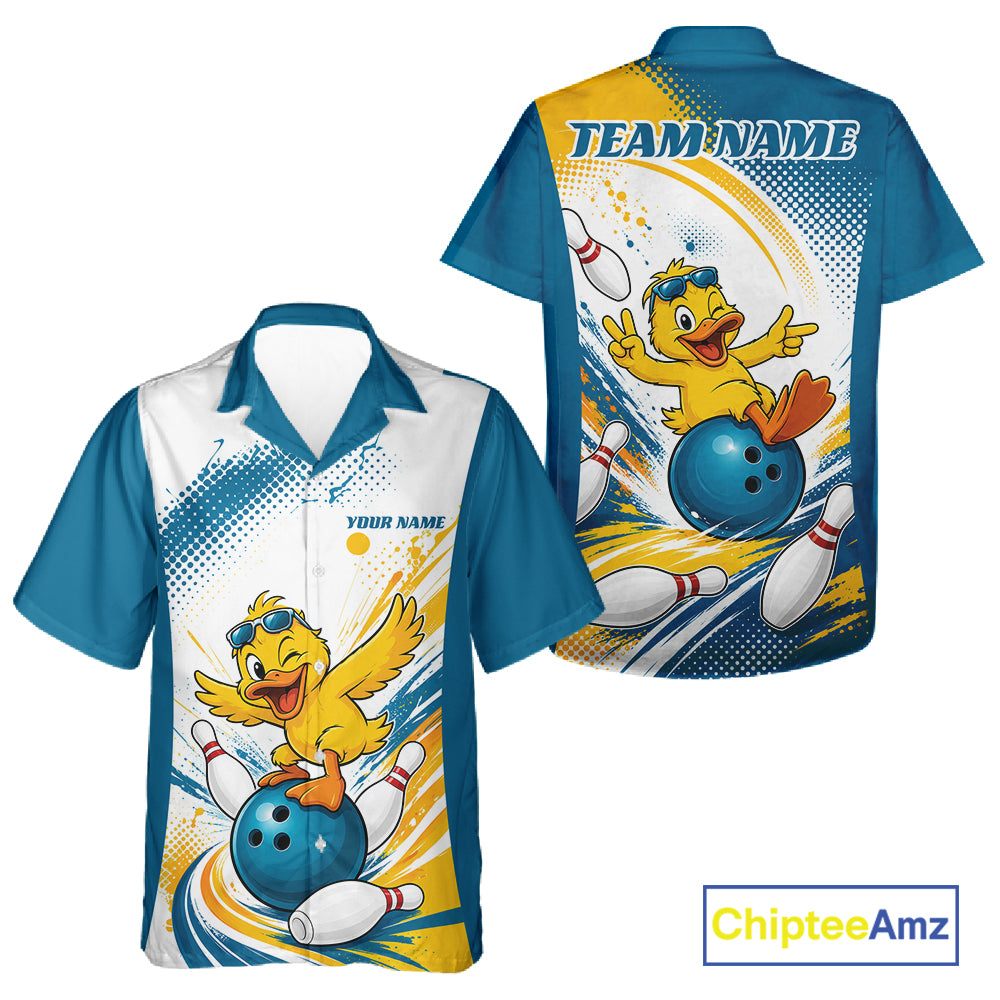 Custom Funny Yellow Duck Bowling Team Men And Women Button Up Shirt, Playful Bowling Jersey IPHW11859