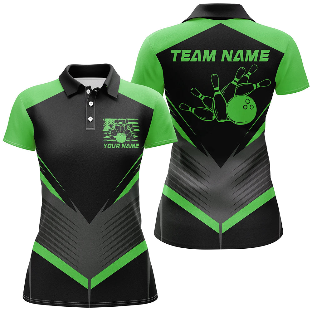 Black And Green Custom Vintage Ladies Bowling Shirts, Classic Bowling League Shirt For Team IPHW7704