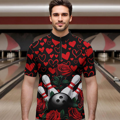 Black And Red Heart Theme Custom Valentines Bowling Quarter-Zip Shirt For Men, Couple Bowling Shirt IPHW8356
