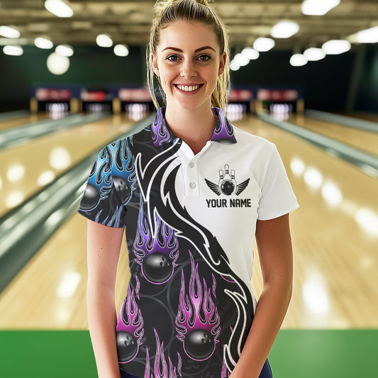 Pink Purple Blue Flame Ball Custom Bowling Team Women Polo Shirt, Fire Bowling League Shirt IPHW8864