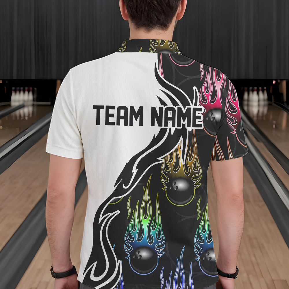 Colorful Rainbow Flame Ball Custom Bowling Team Men Polo Shirts, Fire Bowling League Shirt IPHW8865