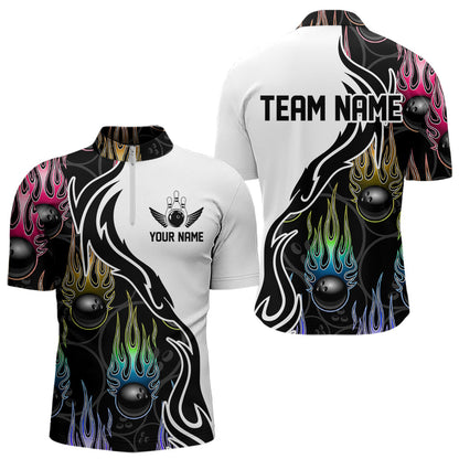 Colorful Rainbow Flame Ball Custom Bowling Team Men Quarter-Zip Shirts, Fire Bowling League Shirt IPHW8865