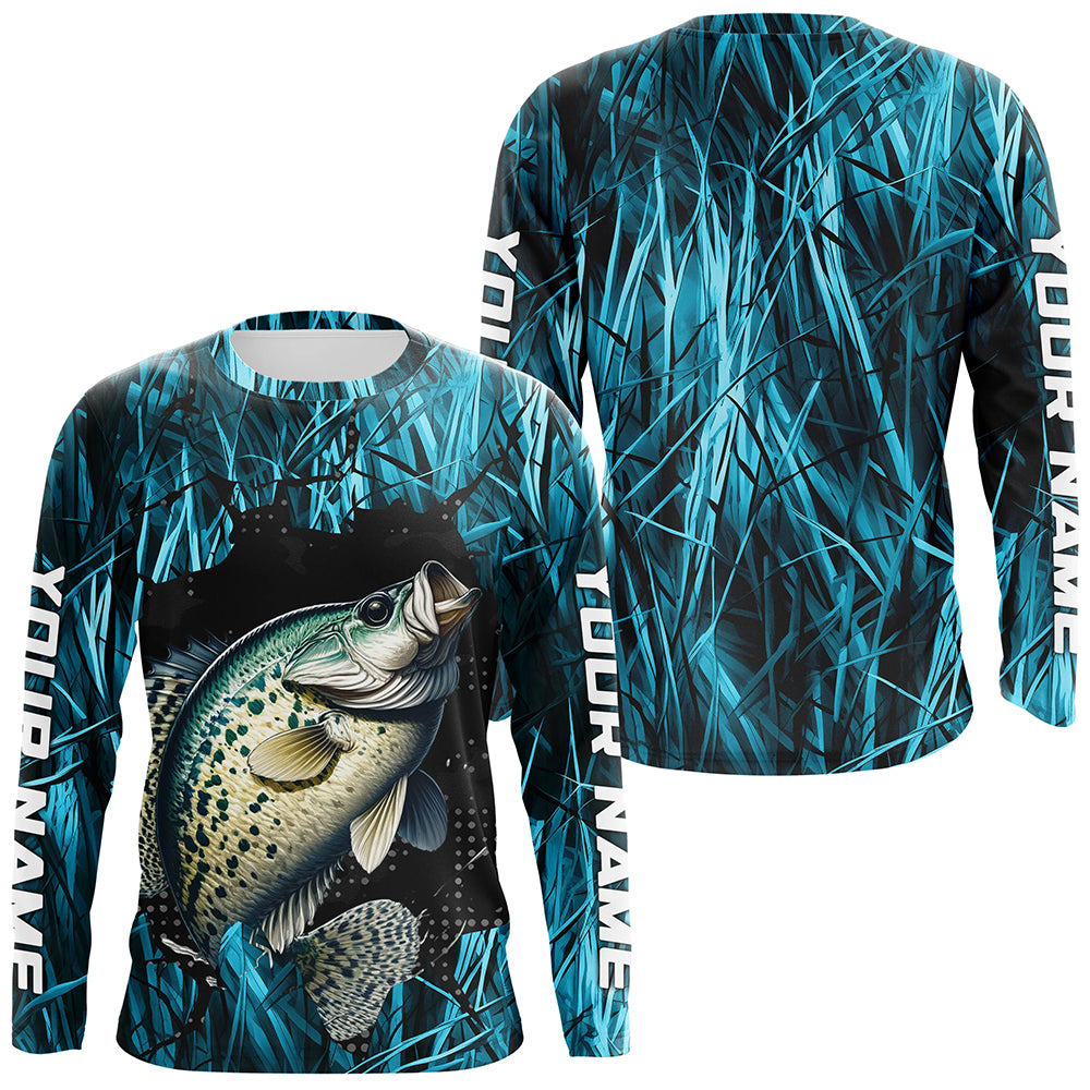 Crappie Fishing Custom Long Sleeve Tournament Shirts, Crappie Fishing Jerseys | Blue Camo IPHW6359