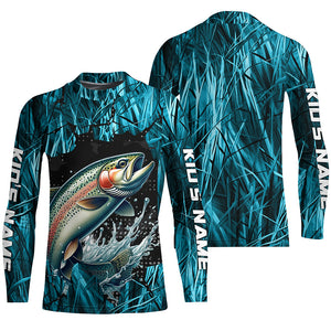 Rainbow Trout Fishing Custom Long Sleeve Tournament Shirts, Trout Fly Fishing Jerseys | Blue Camo IPHW6360