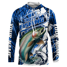 Load image into Gallery viewer, Custom Rainbow Trout Long Sleeve Performance Fishing Shirts, Trout Fly Fishing Jerseys | Blue Camo IPHW6365