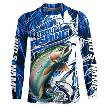 Load image into Gallery viewer, Custom Rainbow Trout Long Sleeve Performance Fishing Shirts, Trout Fly Fishing Jerseys | Blue Camo IPHW6365