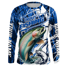 Load image into Gallery viewer, Custom Rainbow Trout Long Sleeve Performance Fishing Shirts, Trout Fly Fishing Jerseys | Blue Camo IPHW6365