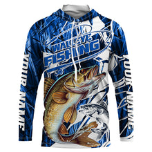 Load image into Gallery viewer, Personalized Walleye Long Sleeve Performance Fishing Shirts, Walleye Fishing Jerseys | Blue Camo IPHW6366