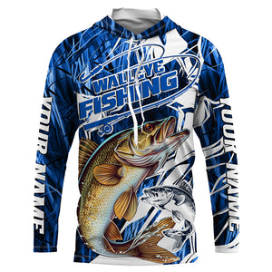 Personalized Walleye Long Sleeve Performance Fishing Shirts, Walleye Fishing Jerseys | Blue Camo IPHW6366