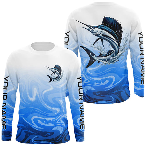 Sailfish Fishing Custom Long Sleeve Shirts, Sailfish Saltwater Fishing Apparel | Blue Camo IPHW6368