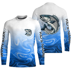 Striped Bass Fishing Custom Long Sleeve Shirts, Striper Saltwater Fishing Apparel | Blue Camo IPHW6370