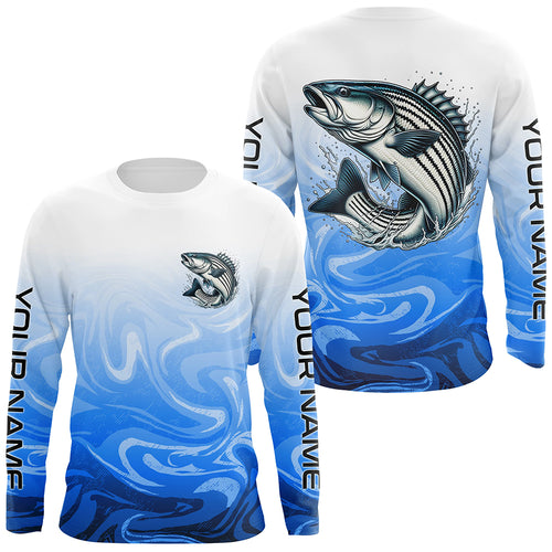 Striped Bass Fishing Custom Long Sleeve Shirts, Striper Saltwater Fishing Apparel | Blue Camo IPHW6370