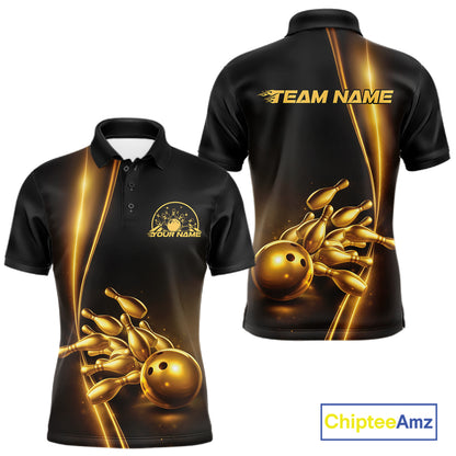 Front and back view mens bowling polo shirt mockup, black base with golden bowling ball and pins graphic, studio product presentation