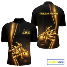 Load image into Gallery viewer, Custom Black And Gold Bowling Men Quarter-Zip Shirt, Bowling Team Tournament Shirt Bowler Outfit IPHW11247