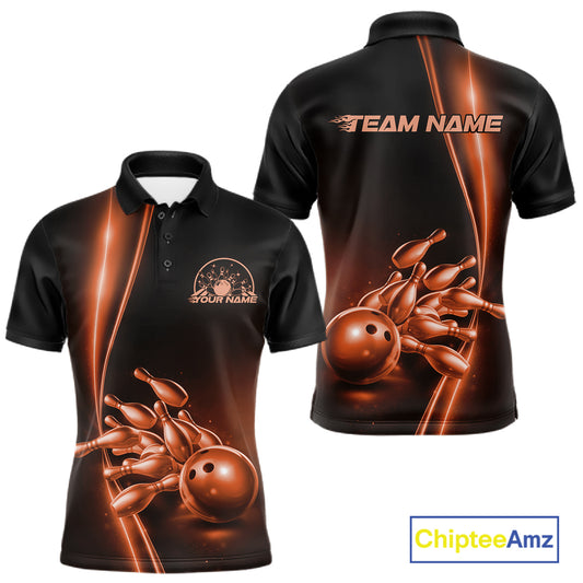 Front and back view mens bowling polo shirt mockup, black base with orange bowling ball and pins graphic, studio product presentation