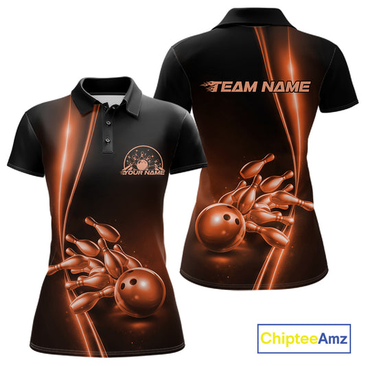 Front and back view of a womens black polo shirt mockup showcasing an orange bowling ball and pins design with modern sporty aesthetics.