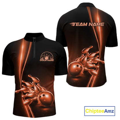 Front and back view of a mens black bowling quarter-zip shirt mockup featuring orange bowling ball and pins design with modern sporty styling.
