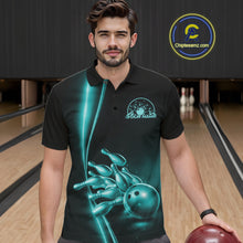 Load image into Gallery viewer, Custom Black And Turquoise Blue Bowling Men Polo Shirt, Bowling Tournament Shirt Outfit IPHW11249
