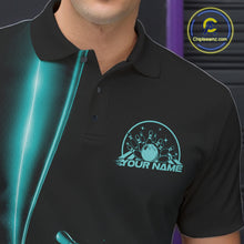 Load image into Gallery viewer, Custom Black And Turquoise Blue Bowling Men Polo Shirt, Bowling Tournament Shirt Outfit IPHW11249