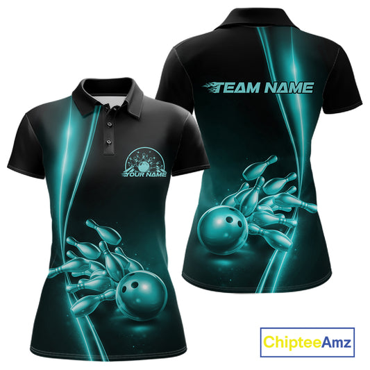 Front and back view of a womens black polo shirt mockup featuring a turquoise blue bowling ball and pins design with clean sporty graphics.