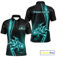 Load image into Gallery viewer, Custom Black And Turquoise Blue Bowling Men Polo Shirt, Bowling Tournament Shirt Outfit IPHW11249