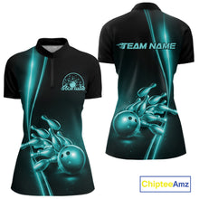 Load image into Gallery viewer, Custom Turquoise Blue Bowling Women Quarter-Zip Shirt, Bowling Tournament Shirt IPHW11249