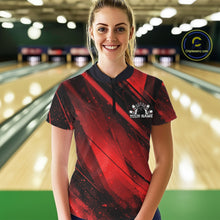 Load image into Gallery viewer, Woman wearing a red and black bowling shirt with a personalized design in a bowling alley.