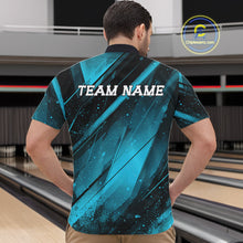 Load image into Gallery viewer, Person wearing a blue and black bowling shirt with 'TEAM NAME' text on a bowling alley background.