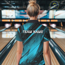 Load image into Gallery viewer, Person wearing a blue and black bowling shirt with 'TEAM NAME' on the back in a bowling alley.